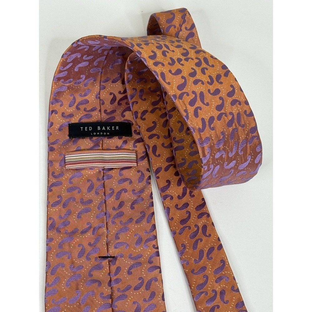 Ted Baker London Mens Silk Necktie Paisley Baroque Purple Orange Woven Tie